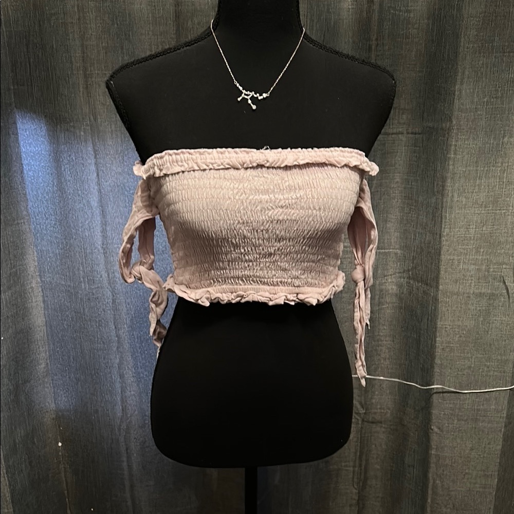 Kendall & Kylie Blush Off-the-Shoulder Smocked Crop Top